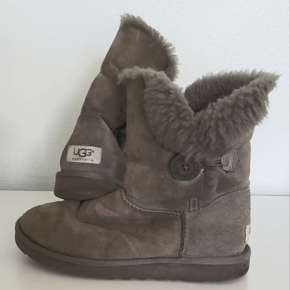 UGG Grey Suede Button-Accent Shearling Winter Boots